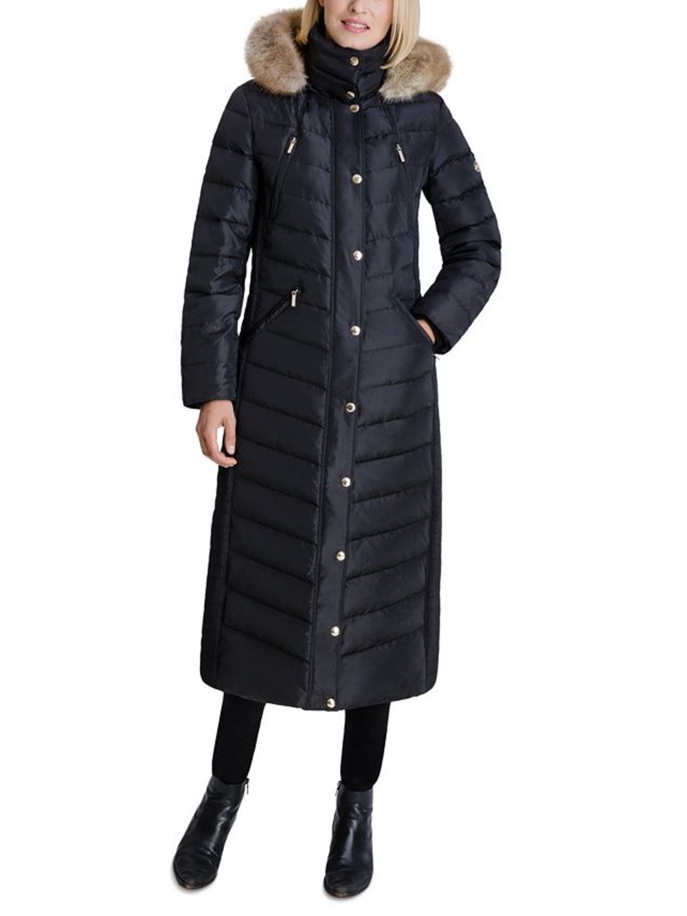 MICHAEL Michael Kors Long Black Puffer Coat with Fur-Trim Hood